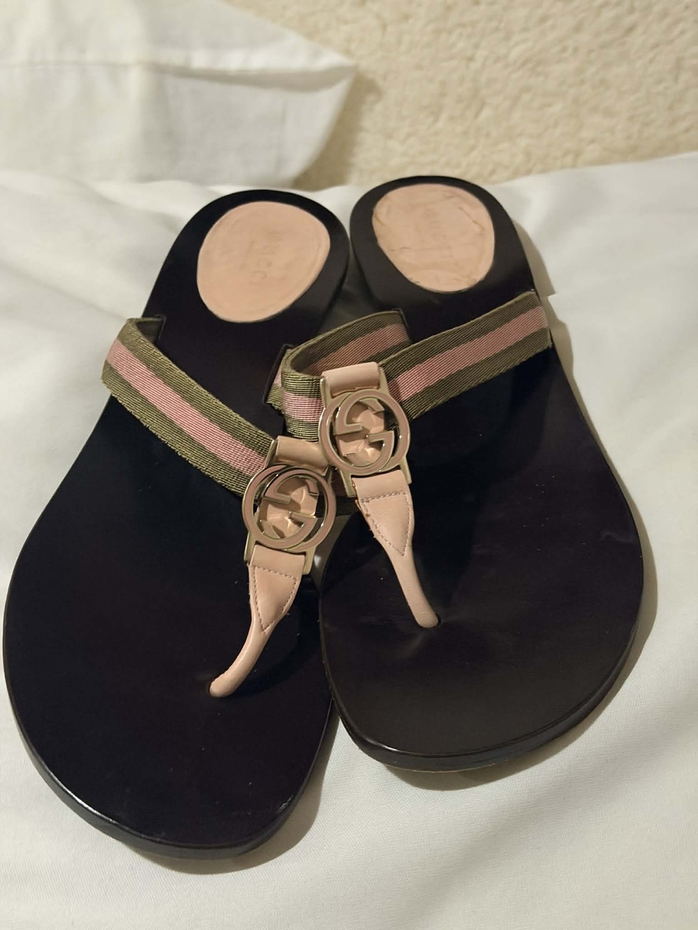Gucci Black Footbed Pink and Olive Webbing Thong Sandals
